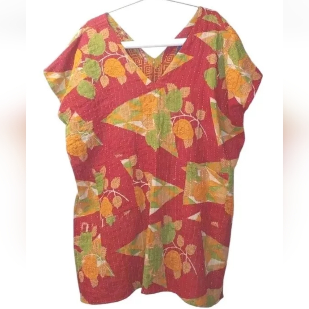 Kantha Patchwork Kimono V-neck Poncho Top Colorful Patch Pockets Woman One Sz #C